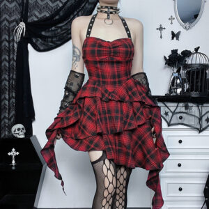 ★ MoteruStyle !Red Plaid Irregular Halter Dress Women