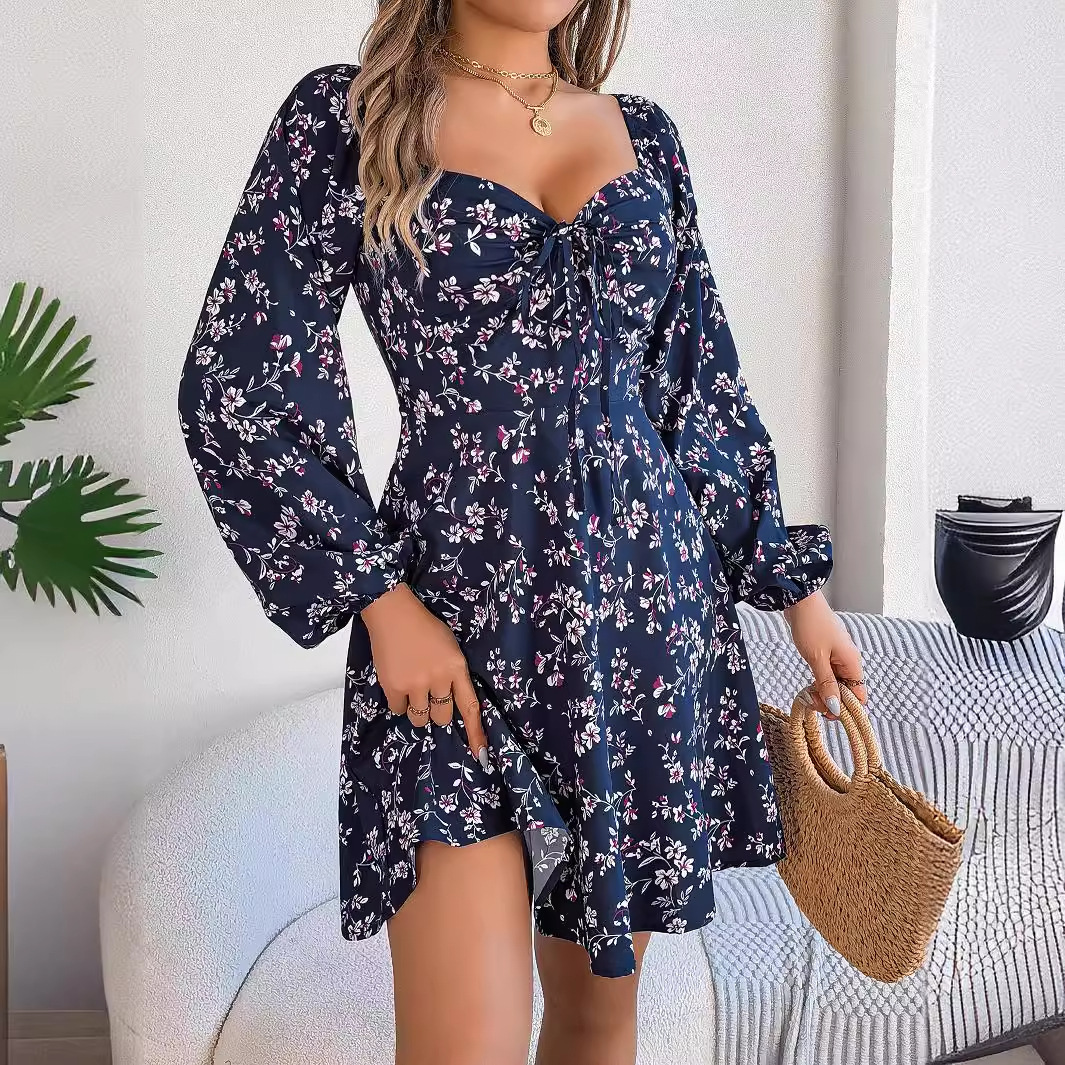 #MoteruStyle! Fashion Floral Print Lantern Sleeve Dress Casual Sexy Tie Square Neck Long Sleeve A-Line Dress Women's Clothing - 画像 (3)