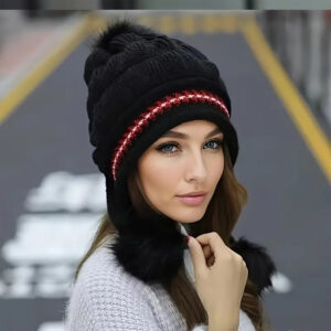 #MoteruStyle! Cozy Knit Fleece-Feel Beanie With Ear Flaps & Pompom Warm Winter Hat For Women Perfect For Skiing & Outdoor Activities