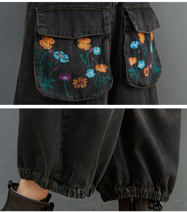 #MoteruStyle! Fat Sister Printed Jeans Knickerbockers Nine - Quarter Suspenders Jumpsuit Overalls One Piece Urban Leisure Style Big Pocket Denim Pants - 画像 (8)