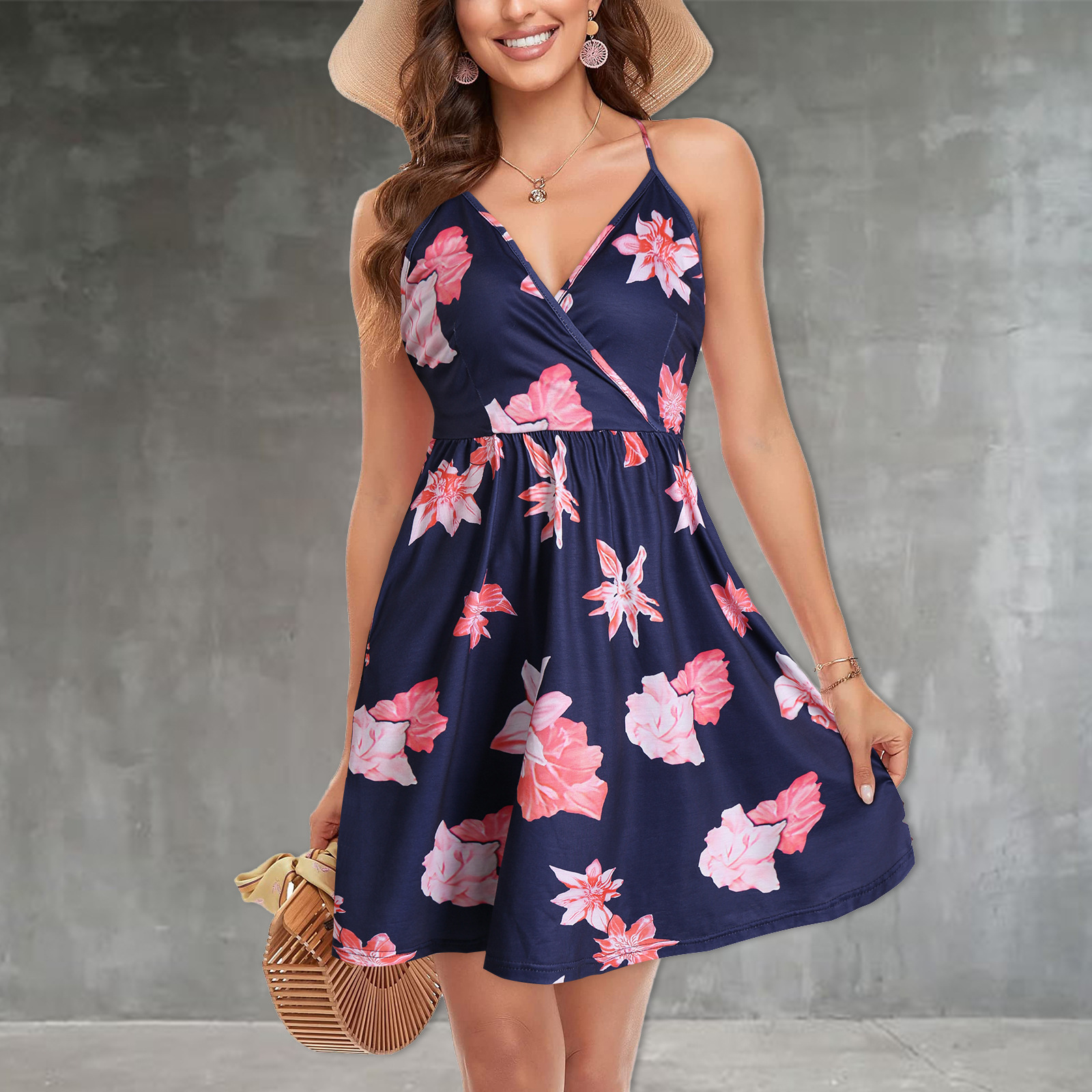 #MoteruStyle! Sling Print Backless V-Neck Dress Sexy Floral Dress Wrap V Neck Spaghetti Strap Casual A-line Dresses with Pockets High Waist One piece - 画像 (4)