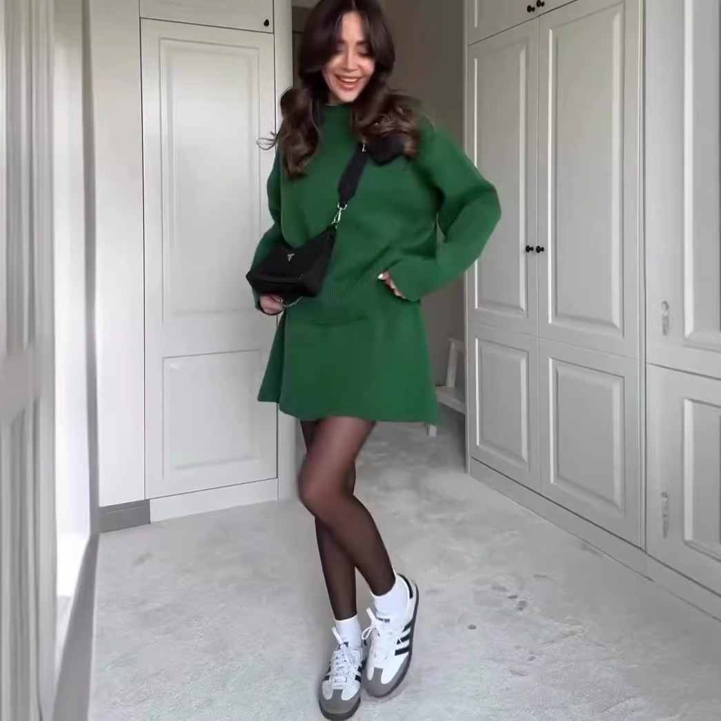 #MoteruStyle ! Sweater Skirt Sets For Women 2 Pieces Knit Casual Versatile Long Sleeve Pullover Elegant Solid High Waist Mini Skirt Outfit - 画像 (3)