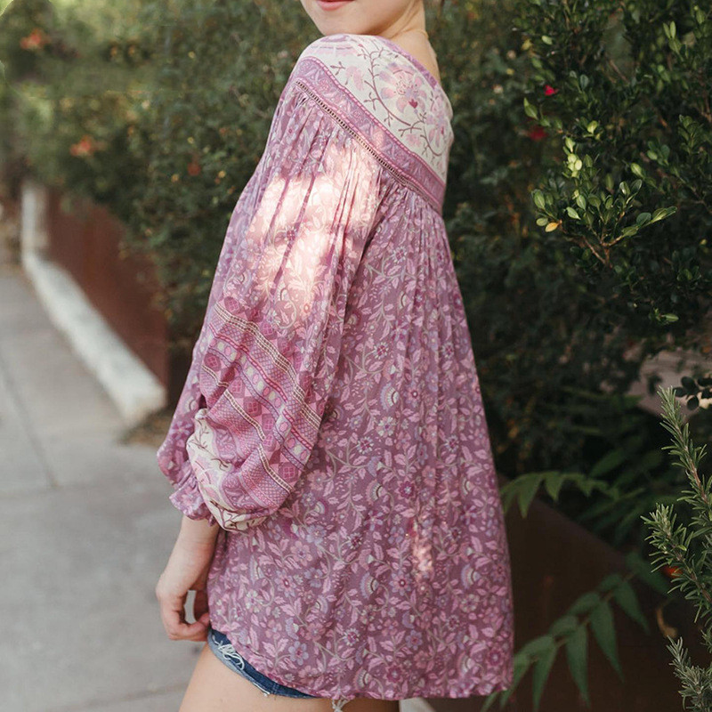 #MoteruStyle! Independent Station Retro Bohemian Print Tassel Lace-up Long Sleeve Top Dahlia in Mulberry Blouse cake skirt loose vintage style - 画像 (2)