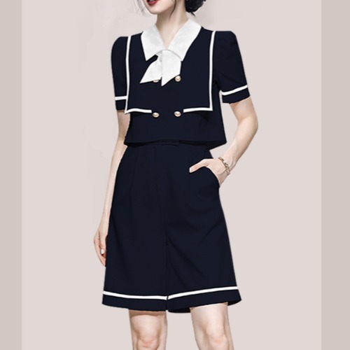 #MoteruStyle! Summer Navy Collar Double-breasted Contrasting Top High Waist Straight Shorts Set