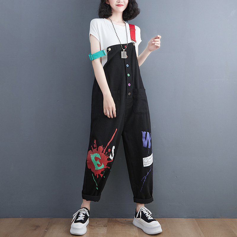 #MoteruStyle! Thin Loose Plus Size Printed Denim Salopette Overalls Urban Leisure Style Jumpsuit Strap Pants One Piece Suspender Pants - 画像 (3)