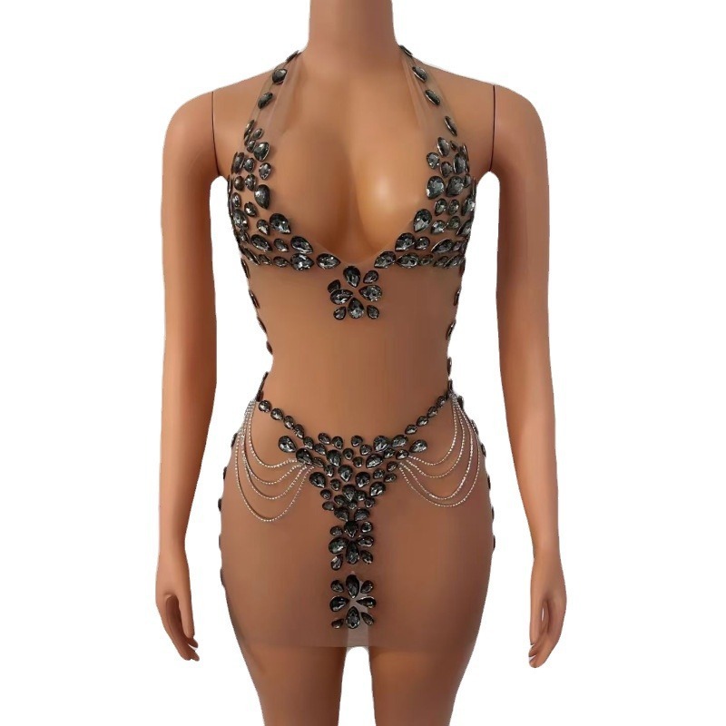 #MoteruStyle! Women's Fashionable See-through Rhinestone Dress Spandex Jumpsuit Sexy Evening Dress Cosplay party dress - 画像 (9)