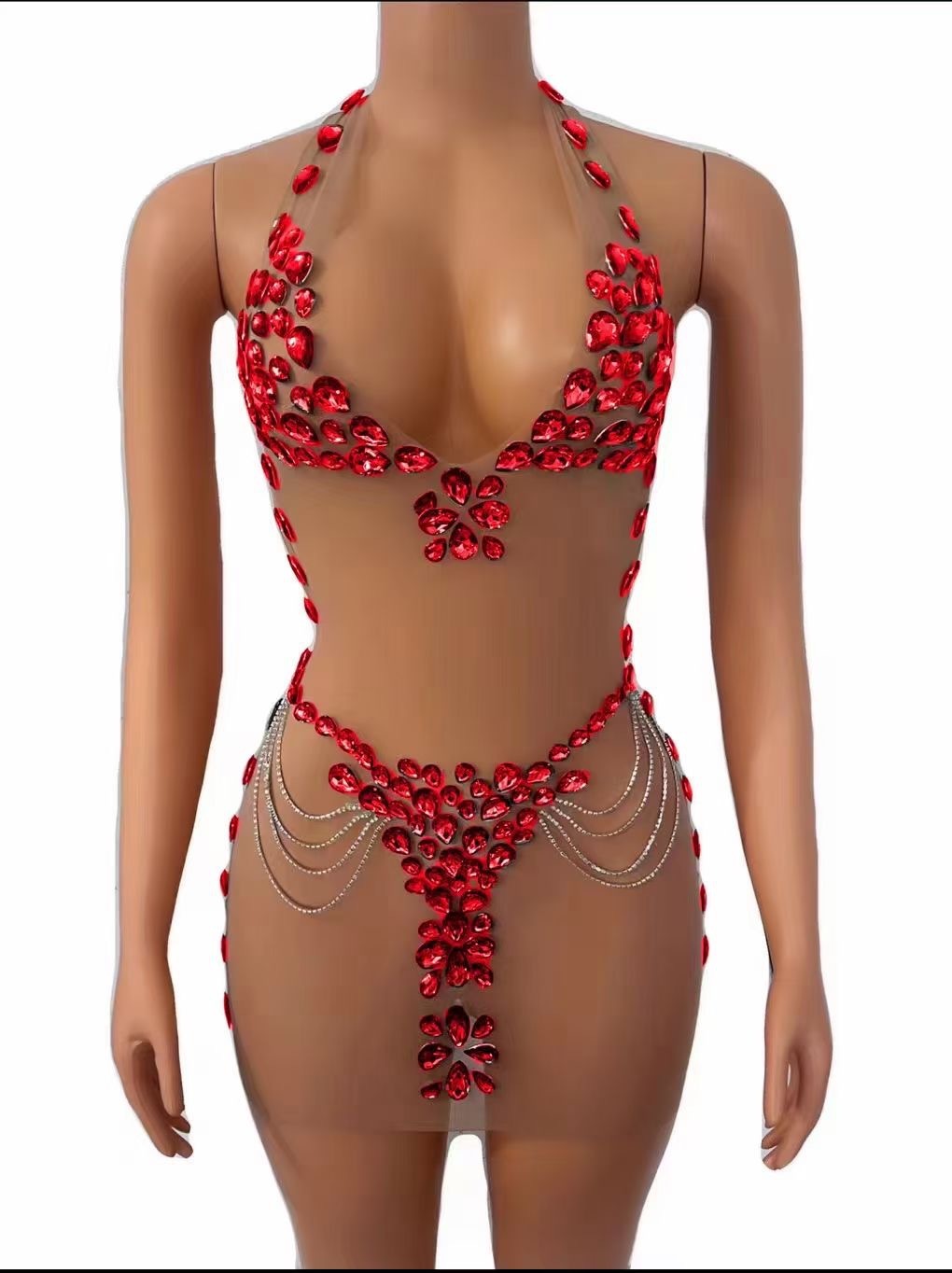 #MoteruStyle! Women's Fashionable See-through Rhinestone Dress Spandex Jumpsuit Sexy Evening Dress Cosplay party dress - 画像 (2)