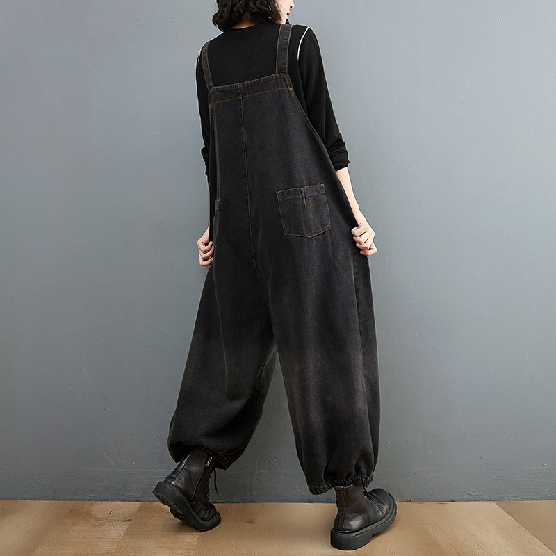 #MoteruStyle! Fat Sister Printed Jeans Knickerbockers Nine - Quarter Suspenders Jumpsuit Overalls One Piece Urban Leisure Style Big Pocket Denim Pants - 画像 (4)