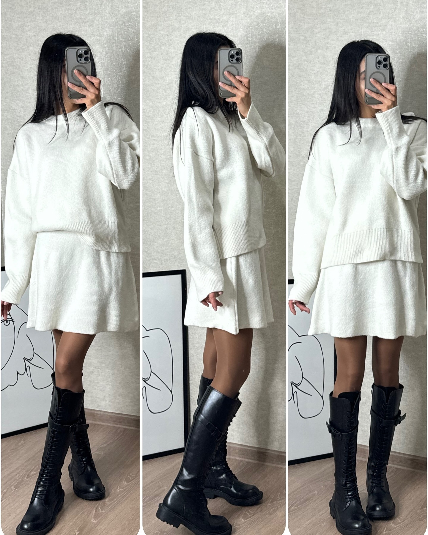 #MoteruStyle ! Sweater Skirt Sets For Women 2 Pieces Knit Casual Versatile Long Sleeve Pullover Elegant Solid High Waist Mini Skirt Outfit - 画像 (4)