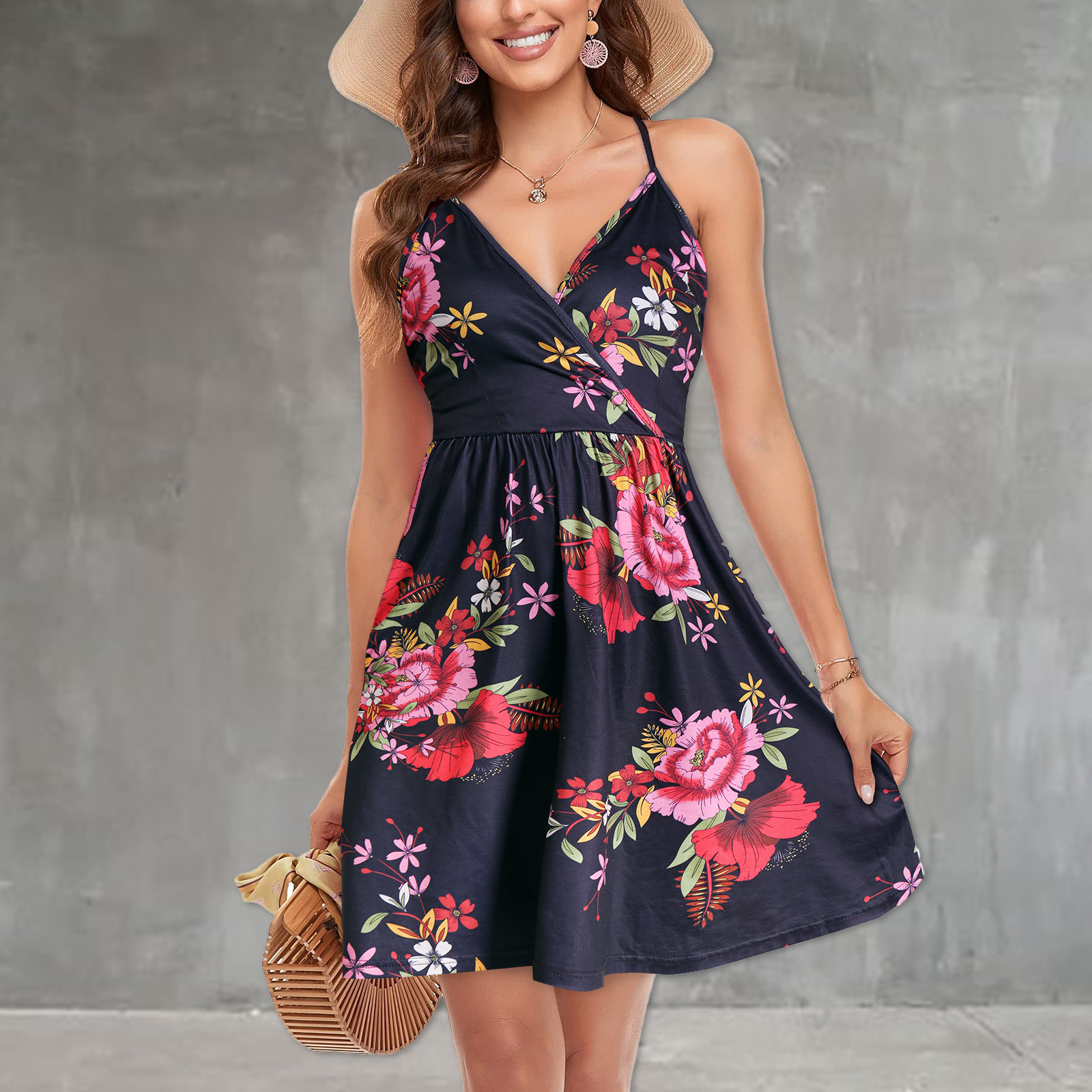 #MoteruStyle! Sling Print Backless V-Neck Dress Sexy Floral Dress Wrap V Neck Spaghetti Strap Casual A-line Dresses with Pockets High Waist One piece