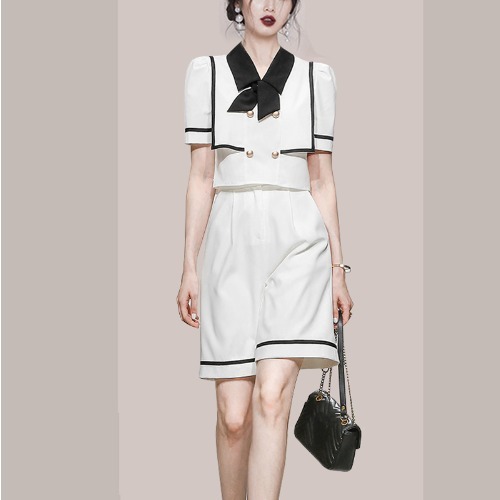 #MoteruStyle! Summer Navy Collar Double-breasted Contrasting Top High Waist Straight Shorts Set - 画像 (2)