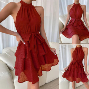 ★MoteruStyle!Women's Halterneck Dresses Sleeveless Ruffle Dress
