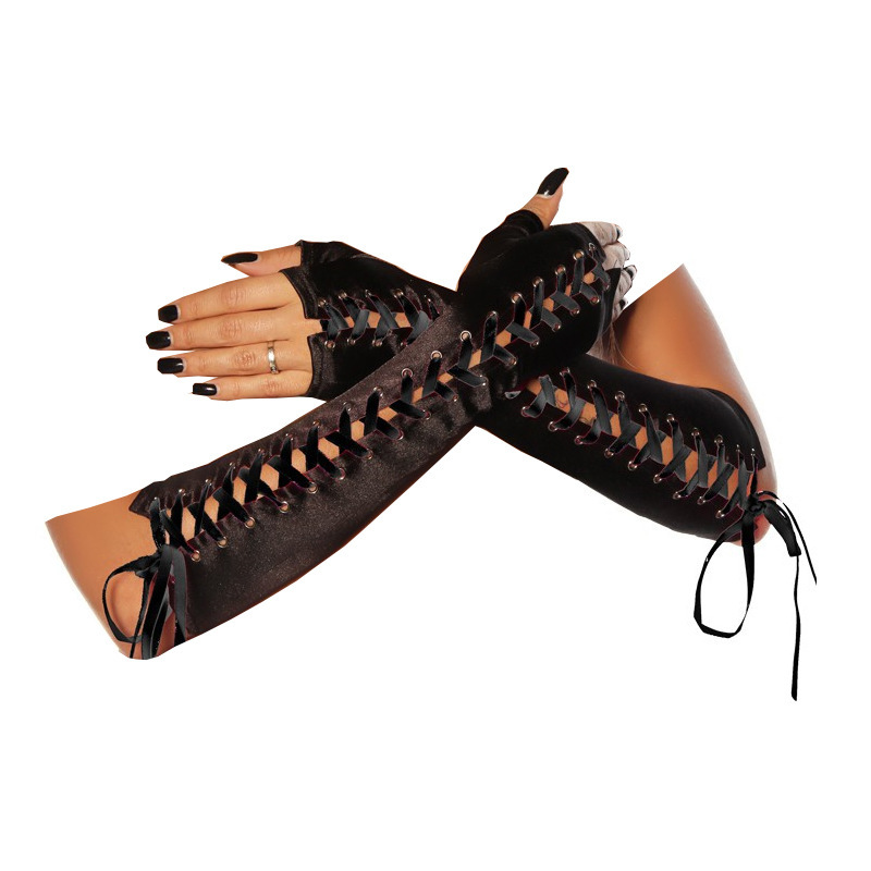 #MoteruStyle! Arm Cover Satin Punk Gloves Fingerless Lace Up Gloves Black Elbow Glove Steam Punk Gloves Stretchy Costume Party Opera Costume Outfit - 画像 (2)