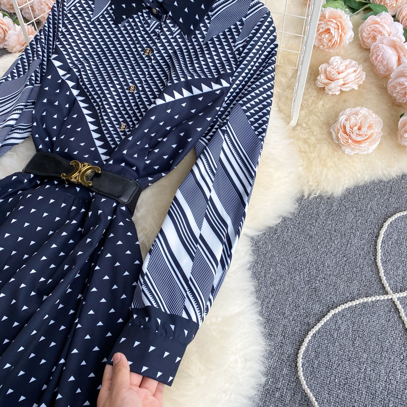 #MoteruStyle! Niche Color-Blocking Striped Print Slim Mid-Length Retro Dress Korean style high waist A-line skirt - 画像 (5)