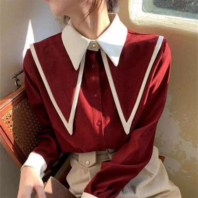 #MoteruStyle! Double Layer Button Spliced Long Sleeve Big#MoteruStyle! Ribbon Strap With Two Tone Turn Down Square Doll-Collar Retro Vintage Shirt Blouse Tops