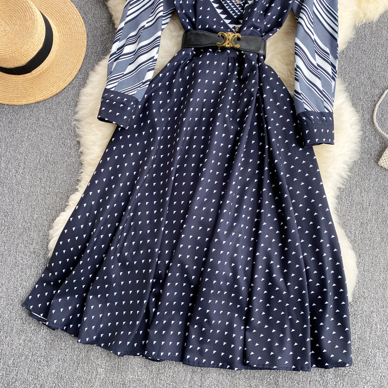 #MoteruStyle! Niche Color-Blocking Striped Print Slim Mid-Length Retro Dress Korean style high waist A-line skirt - 画像 (3)