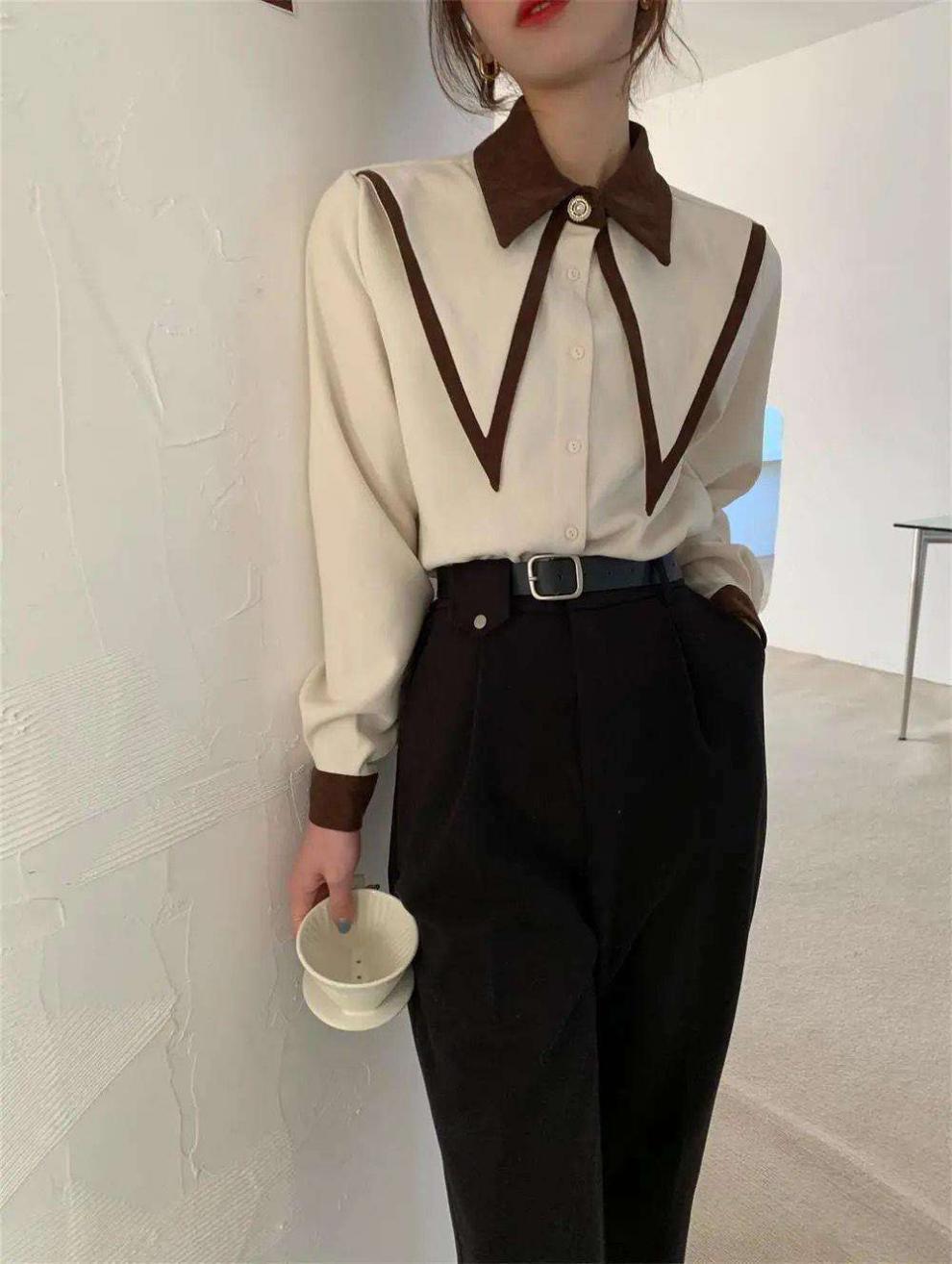 #MoteruStyle! Double Layer Button Spliced Long Sleeve Big#MoteruStyle! Ribbon Strap With Two Tone Turn Down Square Doll-Collar Retro Vintage Shirt Blouse Tops - 画像 (3)