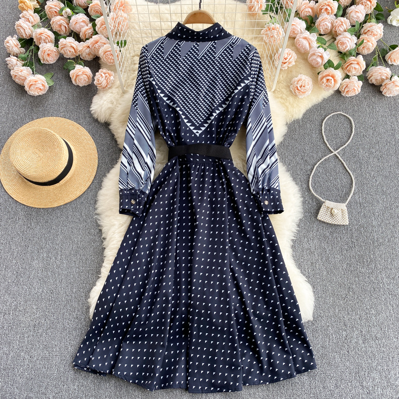 #MoteruStyle! Niche Color-Blocking Striped Print Slim Mid-Length Retro Dress Korean style high waist A-line skirt - 画像 (4)