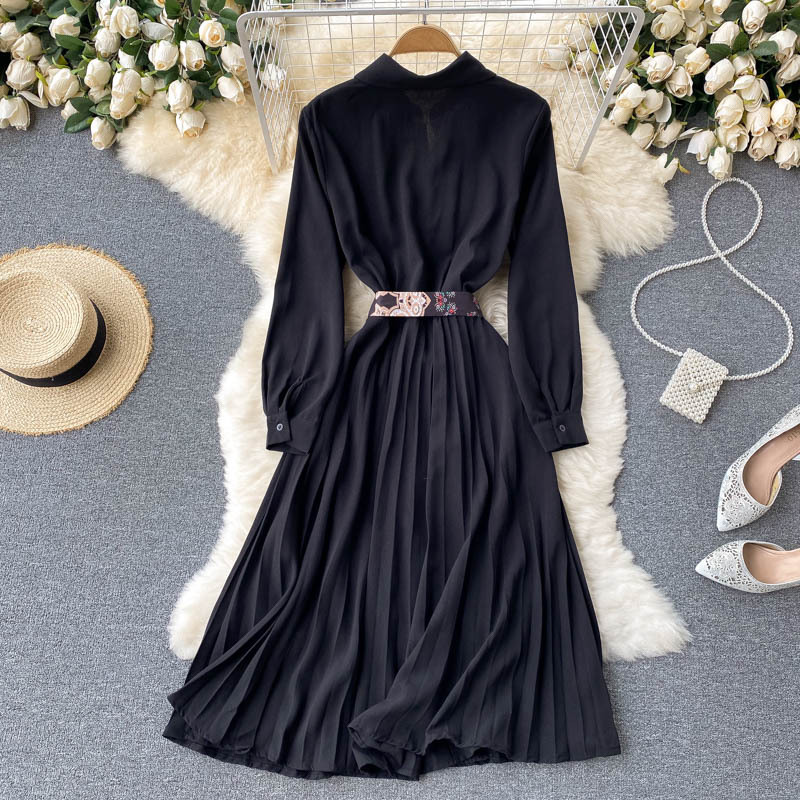 #MoteruStyle! Guochao Retro Print Stitching Mid-length Heavy-duty Pleated Large Swing Slim Long-sleeved Dress POLO collar high waist A-line skirt - 画像 (4)