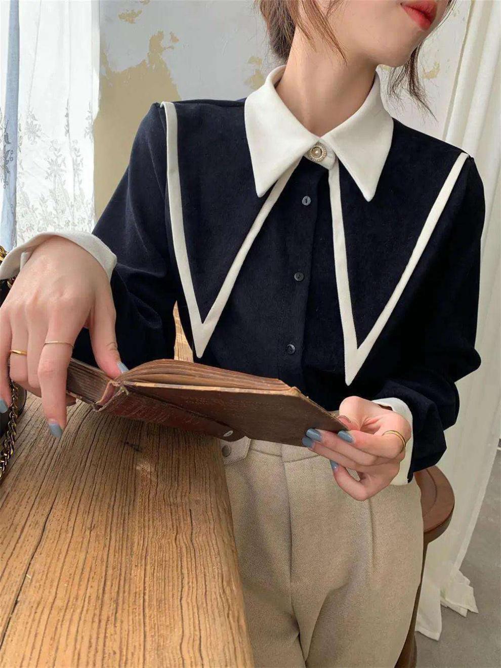 #MoteruStyle! Double Layer Button Spliced Long Sleeve Big#MoteruStyle! Ribbon Strap With Two Tone Turn Down Square Doll-Collar Retro Vintage Shirt Blouse Tops - 画像 (6)