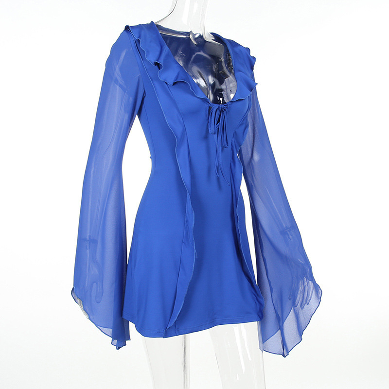 #MoteruStyle! Sexy Ruffled V-neck Lace-up Tie-Ups Detail A-Line Long-sleeved Mini Dress Fashion Y2K Skirt Slim Hip-covering Short Dresses - 画像 (6)