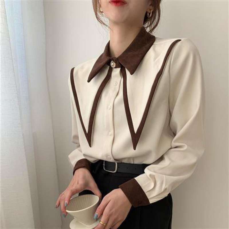 #MoteruStyle! Double Layer Button Spliced Long Sleeve Big#MoteruStyle! Ribbon Strap With Two Tone Turn Down Square Doll-Collar Retro Vintage Shirt Blouse Tops - 画像 (2)