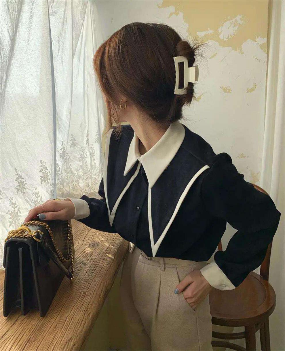 #MoteruStyle! Double Layer Button Spliced Long Sleeve Big#MoteruStyle! Ribbon Strap With Two Tone Turn Down Square Doll-Collar Retro Vintage Shirt Blouse Tops - 画像 (5)
