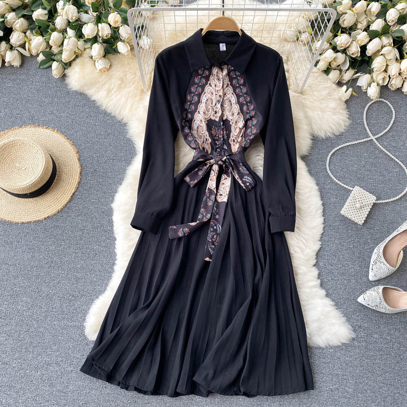 #MoteruStyle! Guochao Retro Print Stitching Mid-length Heavy-duty Pleated Large Swing Slim Long-sleeved Dress POLO collar high waist A-line skirt