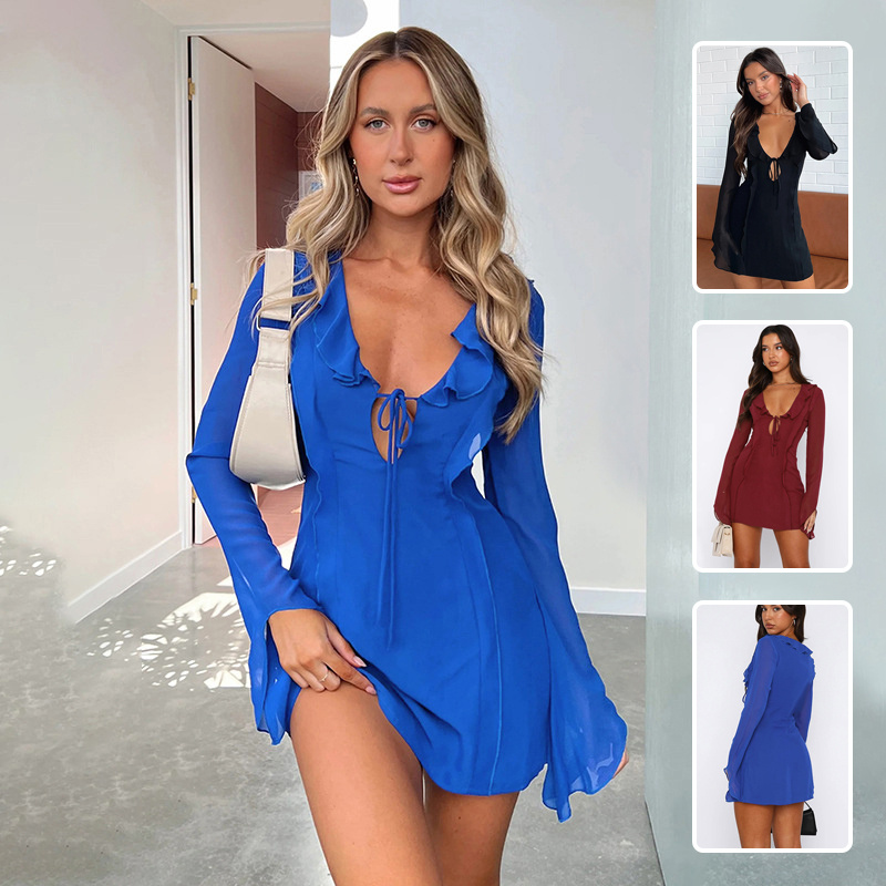 #MoteruStyle! Sexy Ruffled V-neck Lace-up Tie-Ups Detail A-Line Long-sleeved Mini Dress Fashion Y2K Skirt Slim Hip-covering Short Dresses