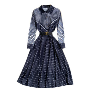 #MoteruStyle! Niche Color-Blocking Striped Print Slim Mid-Length Retro Dress Korean style high waist A-line skirt