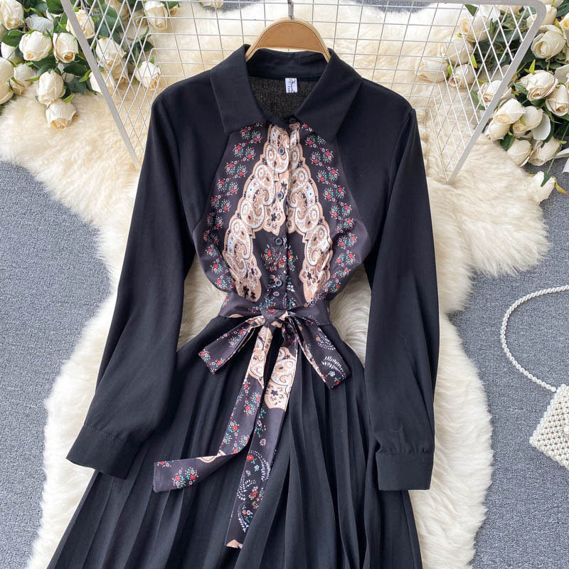 #MoteruStyle! Guochao Retro Print Stitching Mid-length Heavy-duty Pleated Large Swing Slim Long-sleeved Dress POLO collar high waist A-line skirt - 画像 (5)