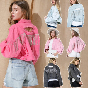 #MoteruStyle! Ripped Rhinestone Denim Jacket Tassel Long Sleeve Denim Short Jacket Loose Street hipster Tops Outfit