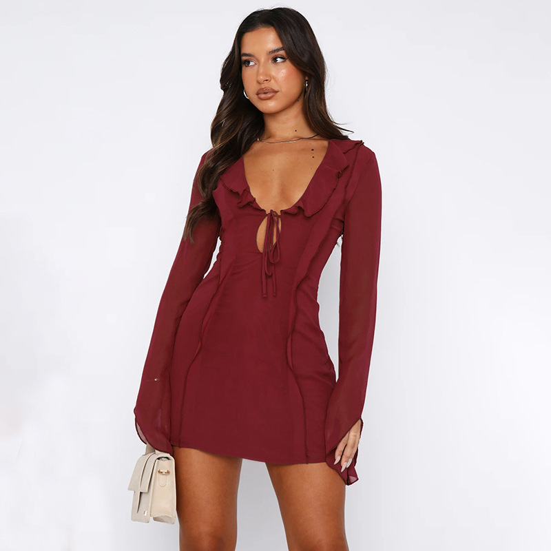 #MoteruStyle! Sexy Ruffled V-neck Lace-up Tie-Ups Detail A-Line Long-sleeved Mini Dress Fashion Y2K Skirt Slim Hip-covering Short Dresses - 画像 (3)
