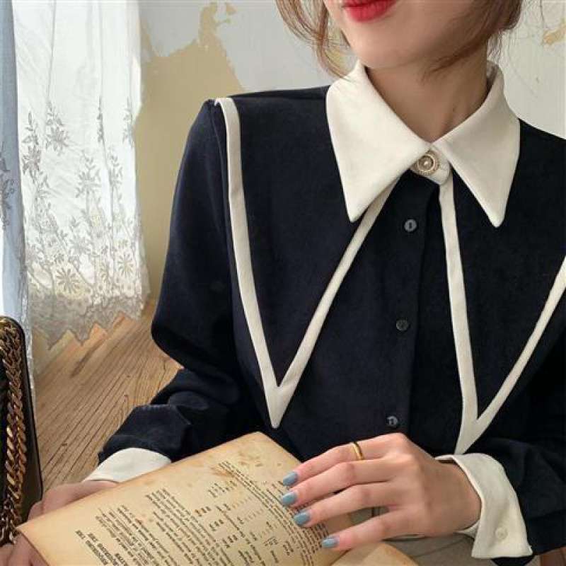 #MoteruStyle! Double Layer Button Spliced Long Sleeve Big#MoteruStyle! Ribbon Strap With Two Tone Turn Down Square Doll-Collar Retro Vintage Shirt Blouse Tops - 画像 (4)