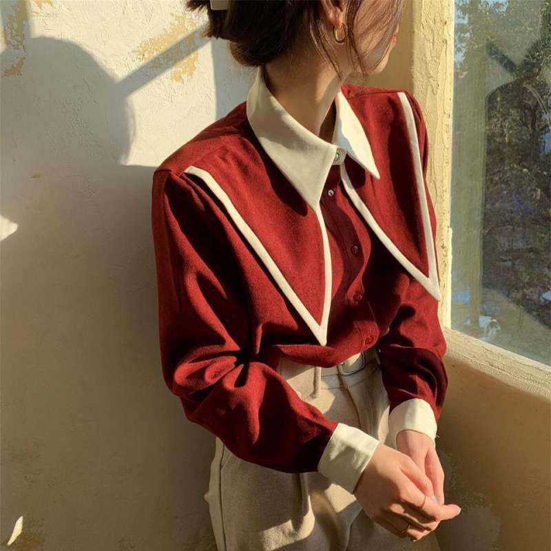 #MoteruStyle! Double Layer Button Spliced Long Sleeve Big#MoteruStyle! Ribbon Strap With Two Tone Turn Down Square Doll-Collar Retro Vintage Shirt Blouse Tops - 画像 (7)