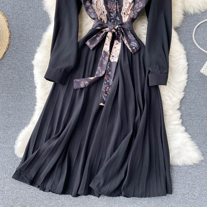 #MoteruStyle! Guochao Retro Print Stitching Mid-length Heavy-duty Pleated Large Swing Slim Long-sleeved Dress POLO collar high waist A-line skirt - 画像 (3)