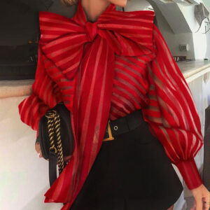 #MoteruStyle! Net Yarn See-through Big Bow Tie Stand Collar Lantern Long Mesh Sleeve Slim Shirt #MoteruStyle! #MoteruStyle! Puff Sheer Neck Tops Blouse Casual Shirts Polka Dot Solid Color Hollow Out Blouse Pullover