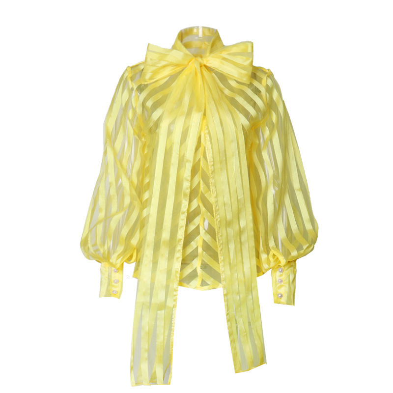 #MoteruStyle! Net Yarn See-through Big Bow Tie Stand Collar Lantern Long Mesh Sleeve Slim Shirt #MoteruStyle! #MoteruStyle! Puff Sheer Neck Tops Blouse Casual Shirts Polka Dot Solid Color Hollow Out Blouse Pullover - 画像 (9)