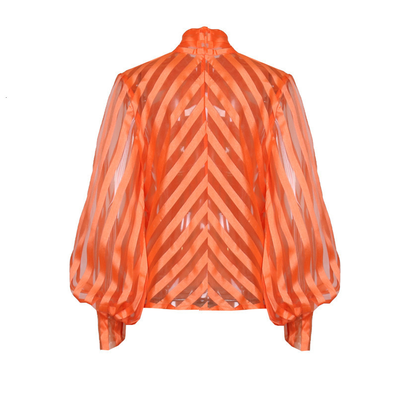 #MoteruStyle! Net Yarn See-through Big Bow Tie Stand Collar Lantern Long Mesh Sleeve Slim Shirt #MoteruStyle! #MoteruStyle! Puff Sheer Neck Tops Blouse Casual Shirts Polka Dot Solid Color Hollow Out Blouse Pullover - 画像 (4)