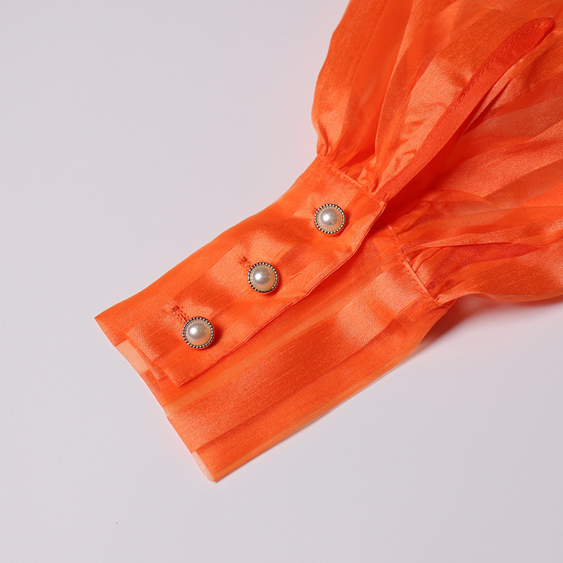 #MoteruStyle! Net Yarn See-through Big Bow Tie Stand Collar Lantern Long Mesh Sleeve Slim Shirt #MoteruStyle! #MoteruStyle! Puff Sheer Neck Tops Blouse Casual Shirts Polka Dot Solid Color Hollow Out Blouse Pullover - 画像 (10)