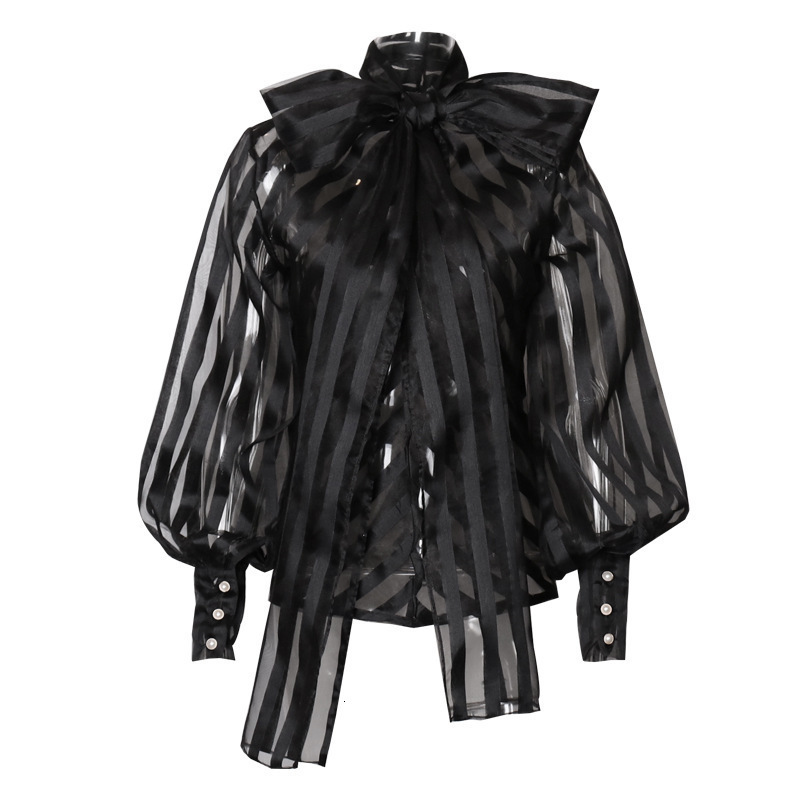 #MoteruStyle! Net Yarn See-through Big Bow Tie Stand Collar Lantern Long Mesh Sleeve Slim Shirt #MoteruStyle! #MoteruStyle! Puff Sheer Neck Tops Blouse Casual Shirts Polka Dot Solid Color Hollow Out Blouse Pullover - 画像 (8)