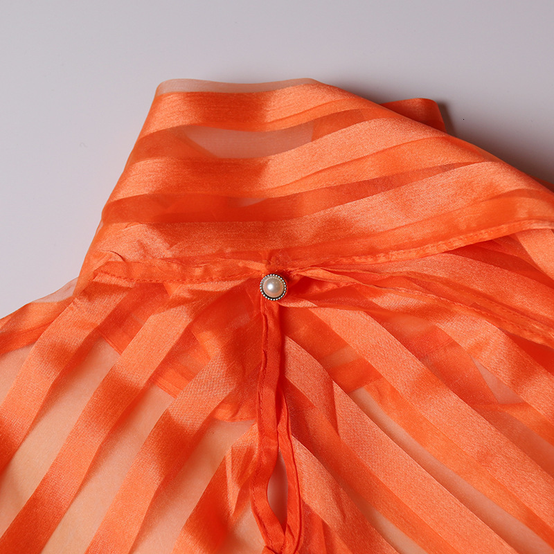 #MoteruStyle! Net Yarn See-through Big Bow Tie Stand Collar Lantern Long Mesh Sleeve Slim Shirt #MoteruStyle! #MoteruStyle! Puff Sheer Neck Tops Blouse Casual Shirts Polka Dot Solid Color Hollow Out Blouse Pullover - 画像 (3)