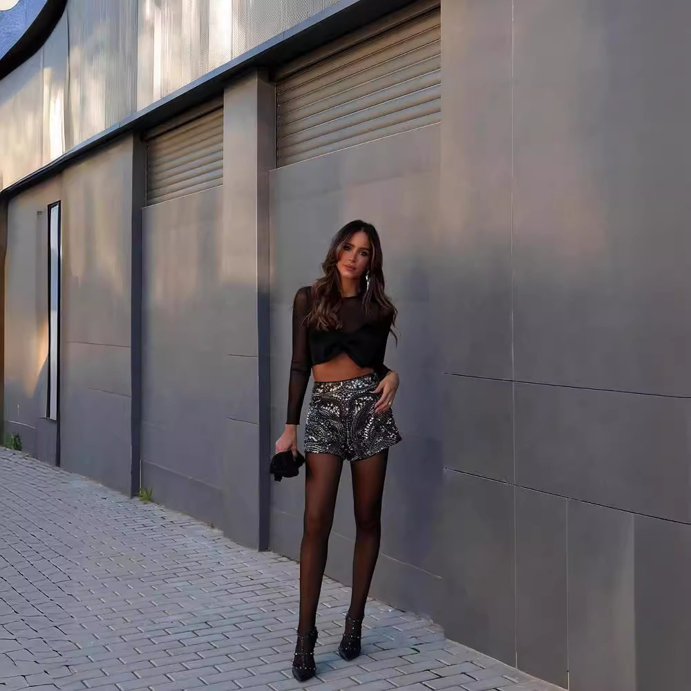 Round Neck Big Bow Long Sleeve Mesh Short Top Sheer Mesh Y2k Crop Top Sexy Tee See Through Shirts Blouse - 画像 (5)