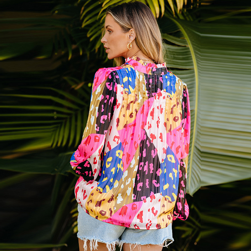 #MoteruStyle! Elegant Leopard Patchwork Pleated Blouse Animal Pattern Printed Pullover Chiffon Loose Shirt Long Sleeve Allover Printed Notched Neck Shirt - 画像 (6)