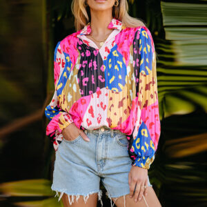 #MoteruStyle! Elegant Leopard Patchwork Pleated Blouse Animal Pattern Printed Pullover Chiffon Loose Shirt Long Sleeve Allover Printed Notched Neck Shirt