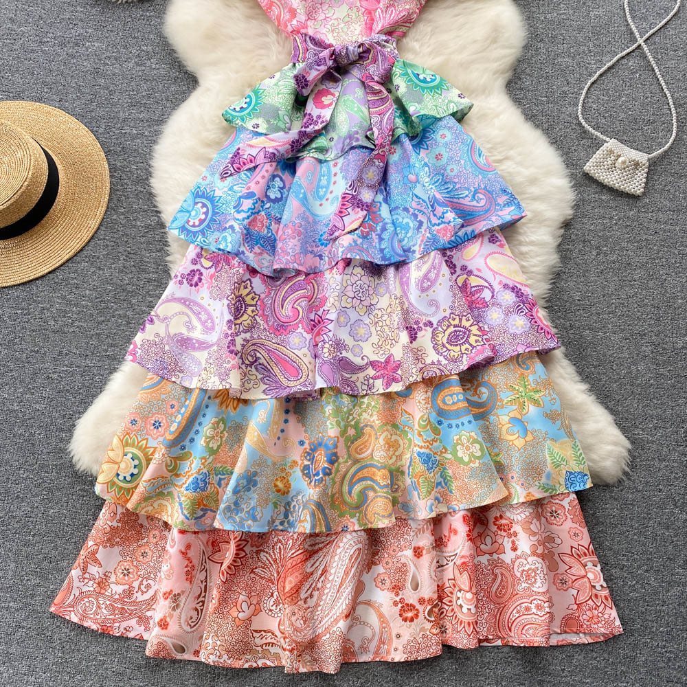 #MoteruStyle! European And American Model Style Retro Flower PrintRetro Flower Prin Printed French Flying Sleeve Sexy Low-cut V-neck Layers Of Cake Dress One-piece - 画像 (6)