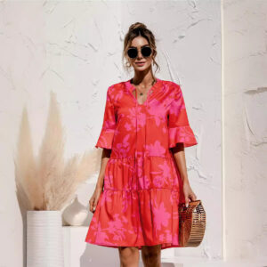 # MoteruStyle! V-neck Flared Short Sleeve T-Shirt Dress Cake Stitching Dress Babydoll Ruffles Loose A-line Dress Mid-Calf Length, Beautiful Silhouette Bohemian Beach Swing Flowy Dresses