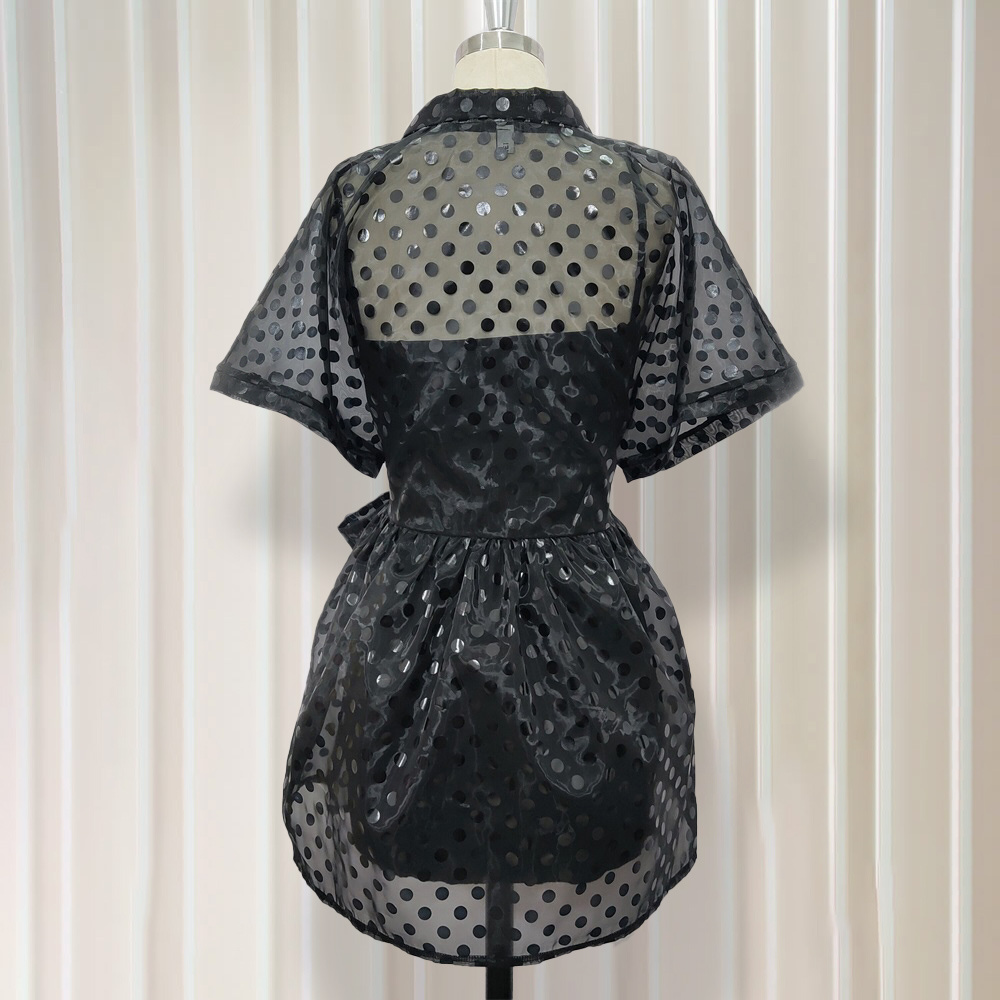 # MoteruStyle! Sexy Polka Dot Mesh Mini Dress Elegant Shirt Dress Bikini Blouse Top Dress 2 PCS Organza Dress See Through Cover Spaghetti Strap Short Sleeve Bow Waisted Nightclub Evening Party - 画像 (5)