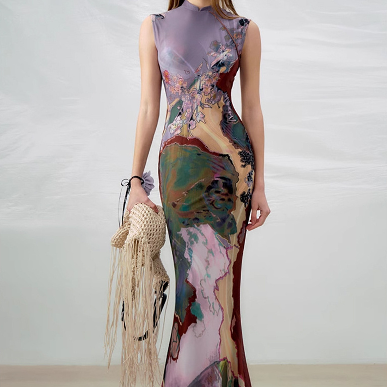 # MoteruStyle! New Chinese Style Front And Back 2-Way Wearable Floral Printed Sleeveless Dress Long skirt Slit Style Contrast Color Cheongsam Dress Qipao