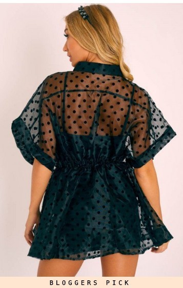 # MoteruStyle! Sexy Polka Dot Mesh Mini Dress Elegant Shirt Dress Bikini Blouse Top Dress 2 PCS Organza Dress See Through Cover Spaghetti Strap Short Sleeve Bow Waisted Nightclub Evening Party - 画像 (4)